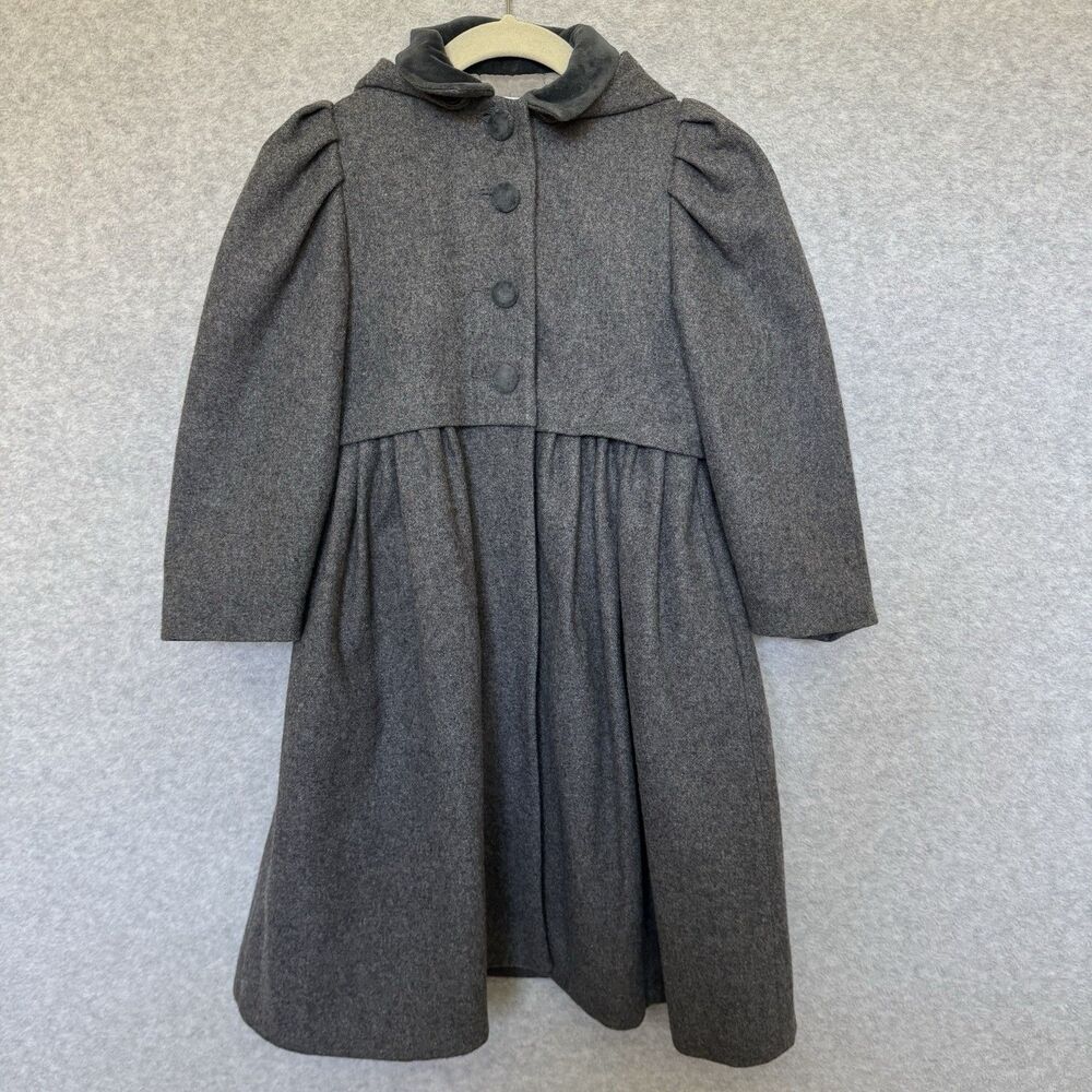 Wool Winter Coat Girls 6 Grey Overcoat Princess Puff Shoulder Hooded H Lans VTG
